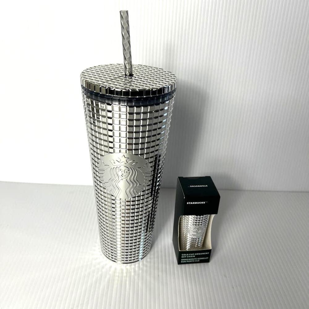 Starbucks Holiday 2023 Silver Disco Grid 24 oz Tumbler with Ornament Key Chain